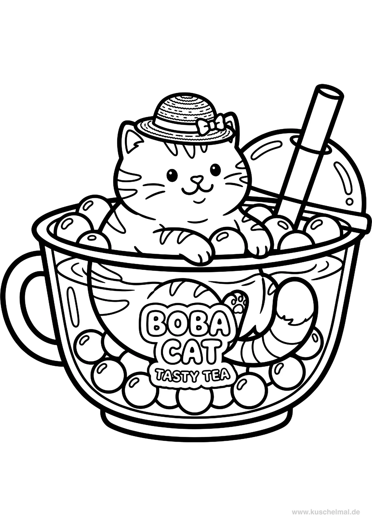 Süße Katze im Bubble Tea Becher - Kostenloses Bubble Tea Ausmalbild für Kinder zum Ausdrucken