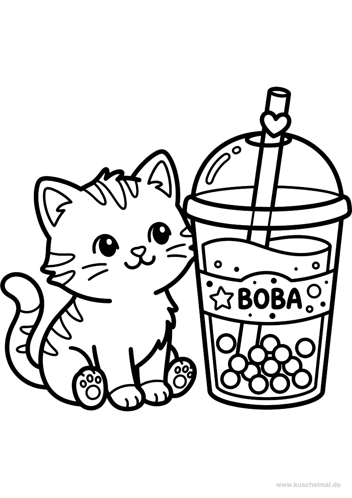 Süße Katze mit Bubble Tea - Kostenloses Bubble Tea Ausmalbild für Kinder zum Ausdrucken