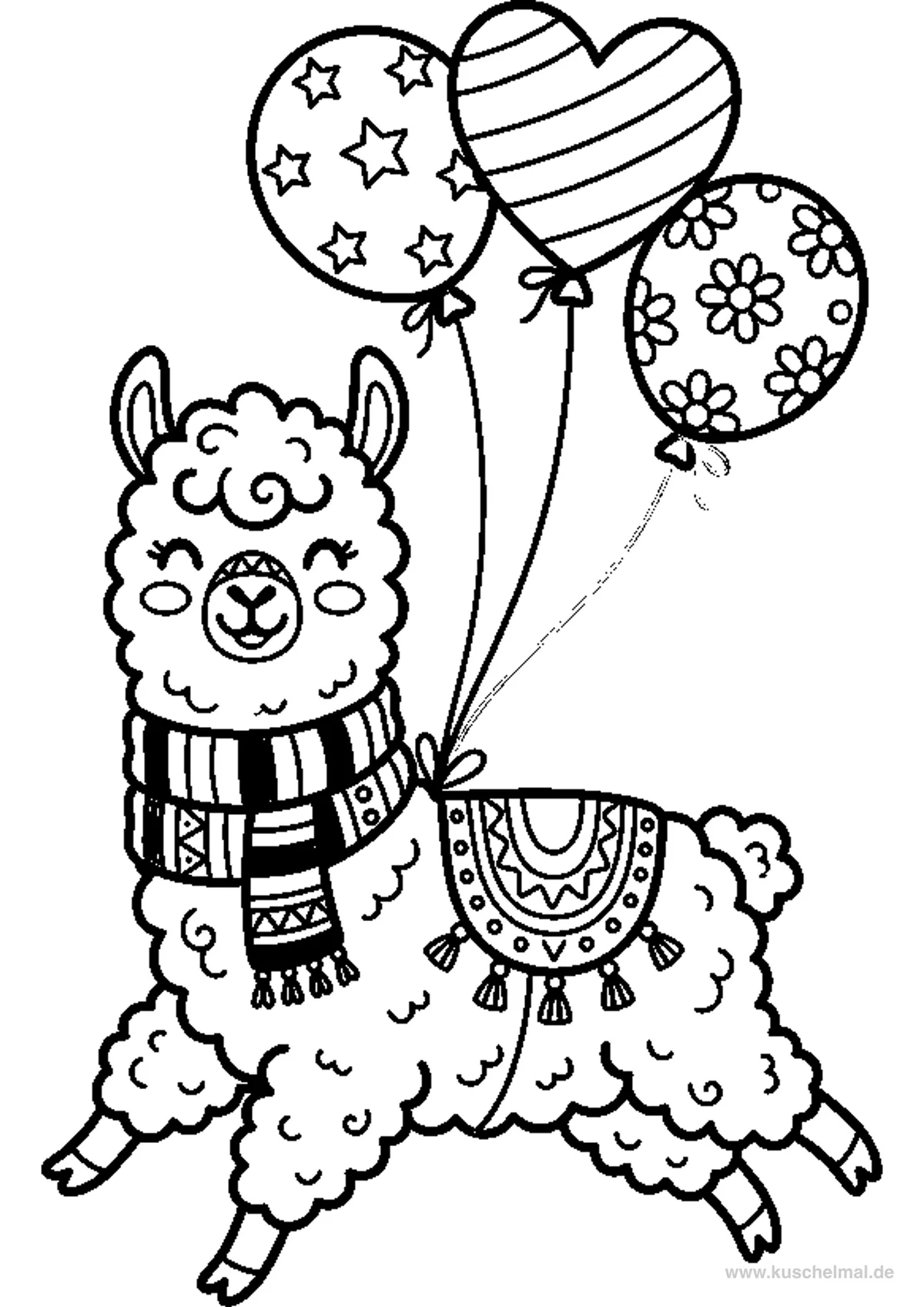 Dolce Alpaca con Palloncini - Disegno di Alpaca da colorare gratis per bambini da stampare