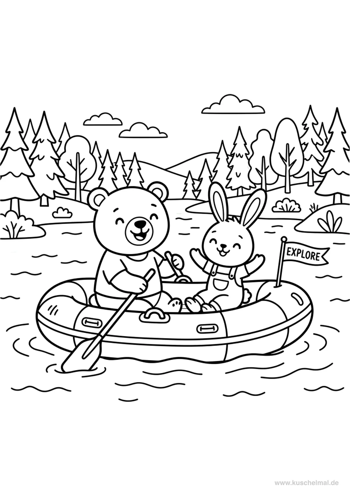 Animali al Lago del Bosco con il Gommone - Disegno di Estate da colorare gratis per bambini da stampare