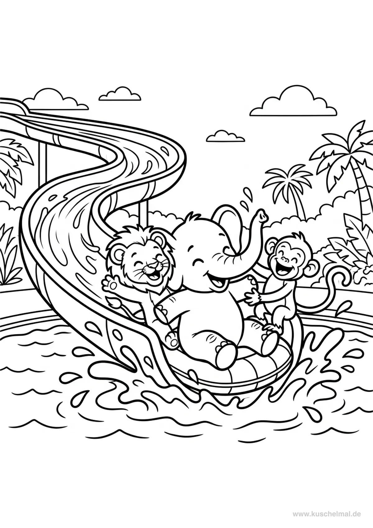 Animali sullo Scivolo Acquatico - Disegno di Estate da colorare gratis per bambini da stampare