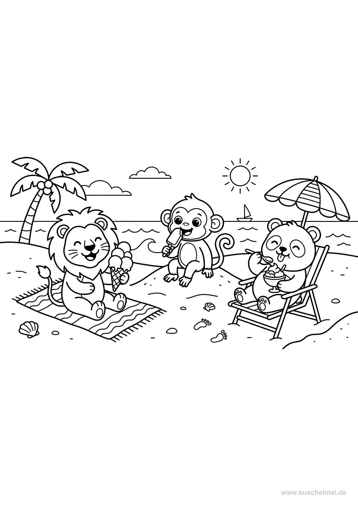 Tiere mit Eiswaffel am Strand - Kostenloses Sommer Ausmalbild für Kinder zum Ausdrucken
