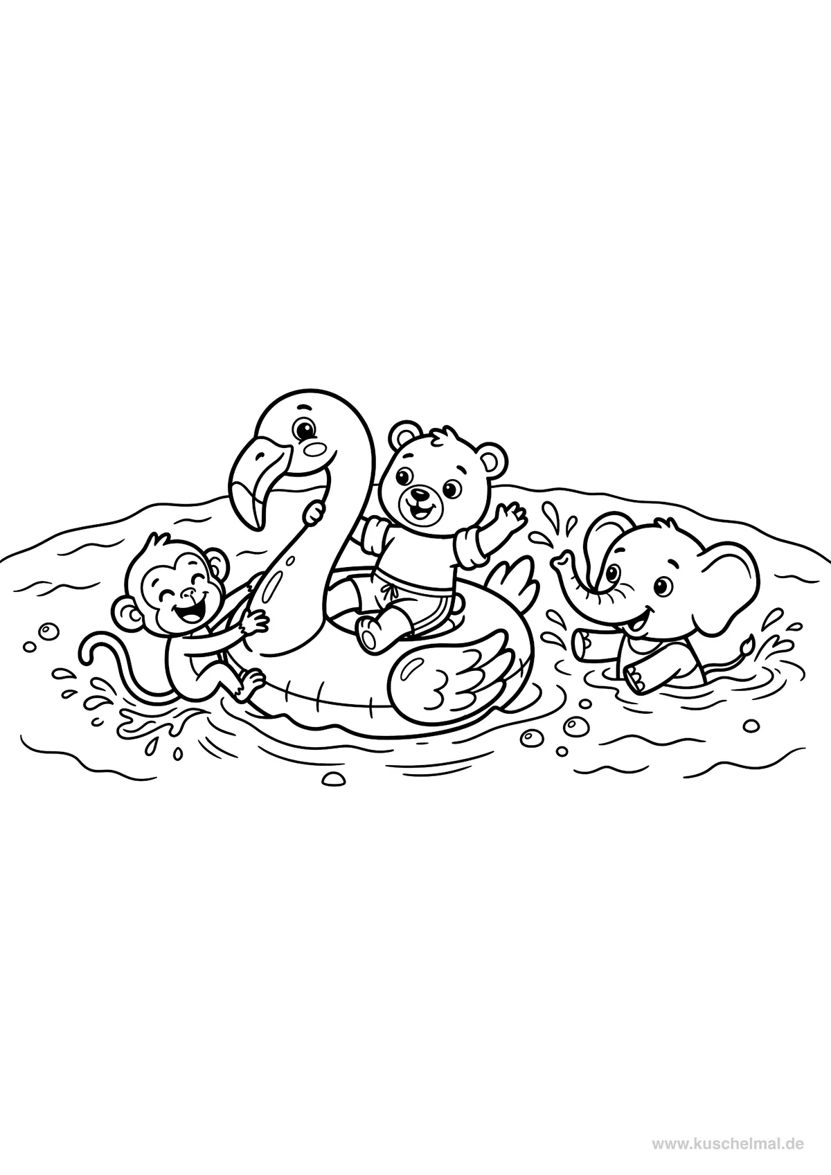 Tiere Pool Party im Sommer - Kostenloses Sommer Ausmalbild für Kinder zum Ausdrucken