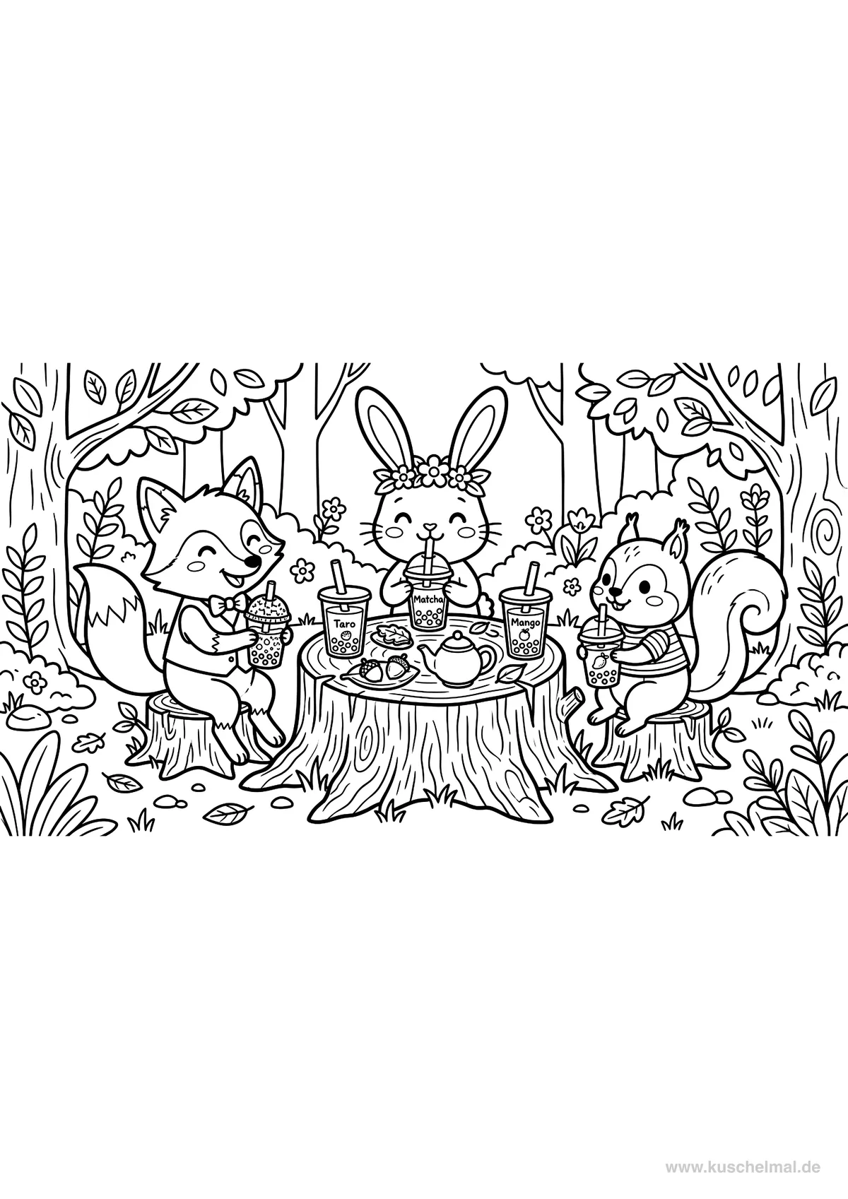 Tierfreunde Bubble Tea Party - Kostenloses Bubble Tea Ausmalbild für Kinder zum Ausdrucken