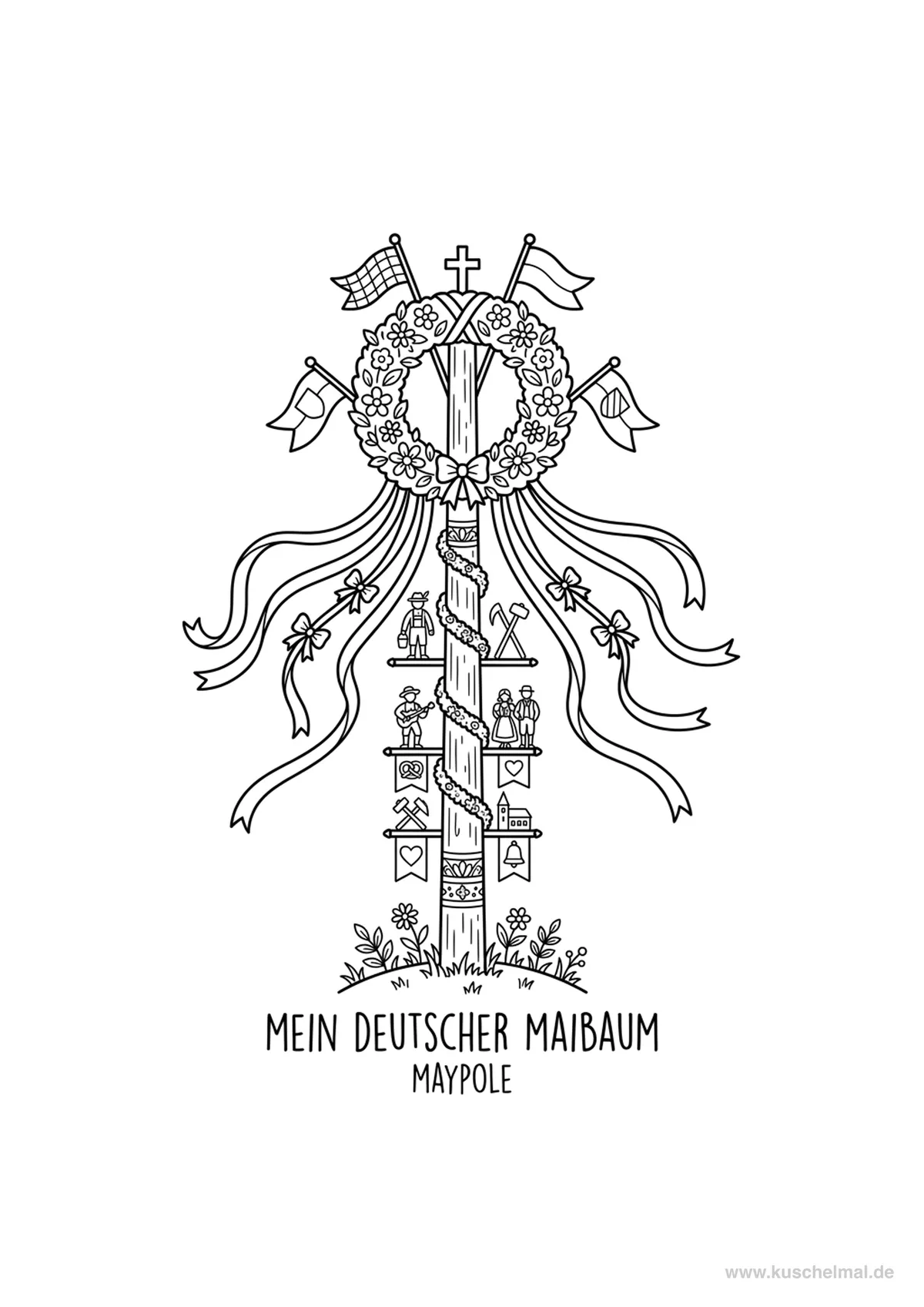 Traditioneller Maibaum mit bunten Bändern - Kostenloses Maibaum Ausmalbild für Kinder zum Ausdrucken