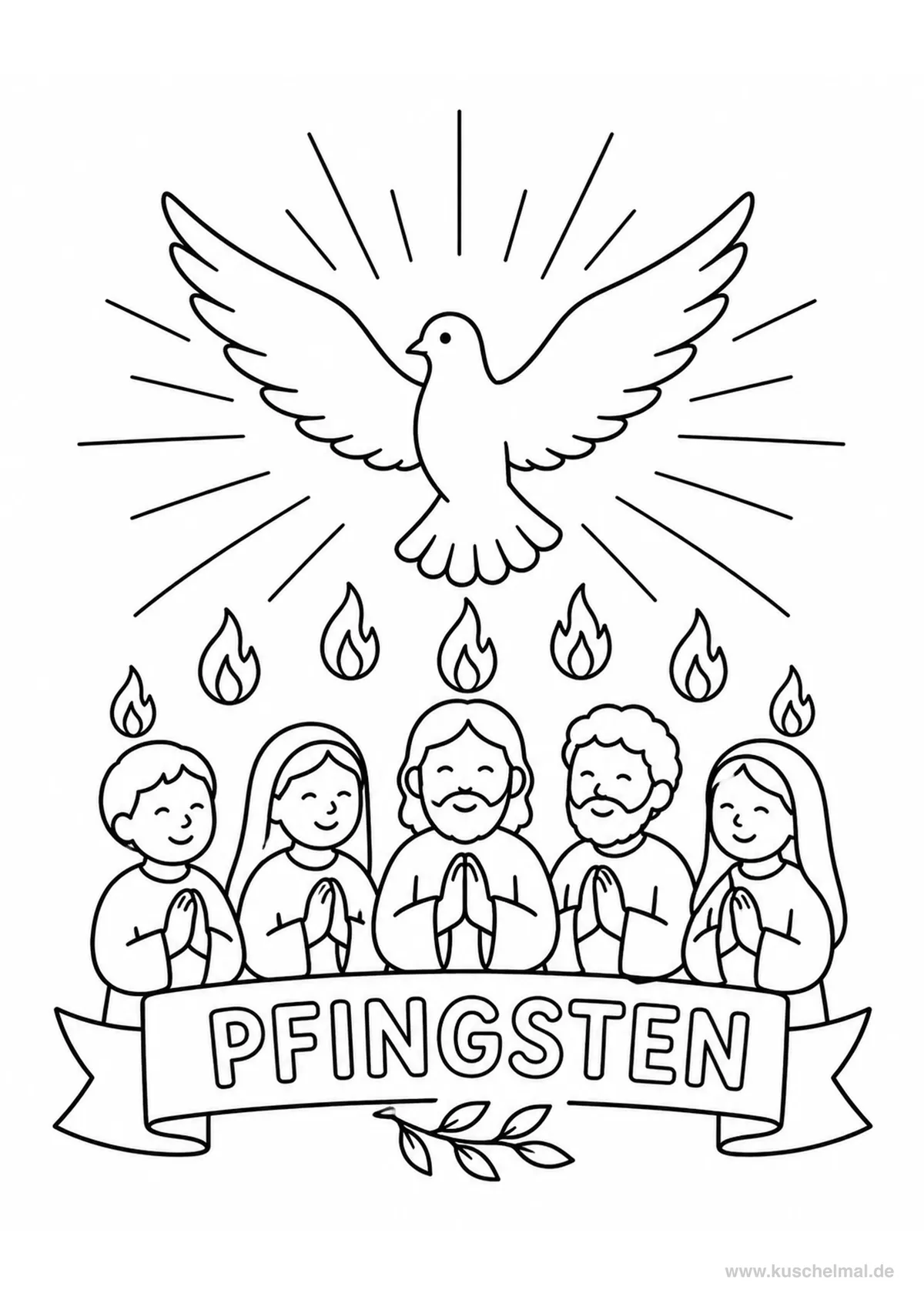 Traditionelles Pfingsten Ausmalbild mit Taube - Kostenloses Pfingsten Ausmalbild für Kinder zum Ausdrucken