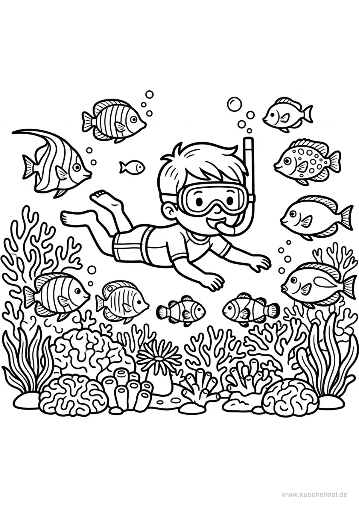 Snorkeling Sott'Acqua con Pesci - Disegno di Estate da colorare gratis per bambini da stampare