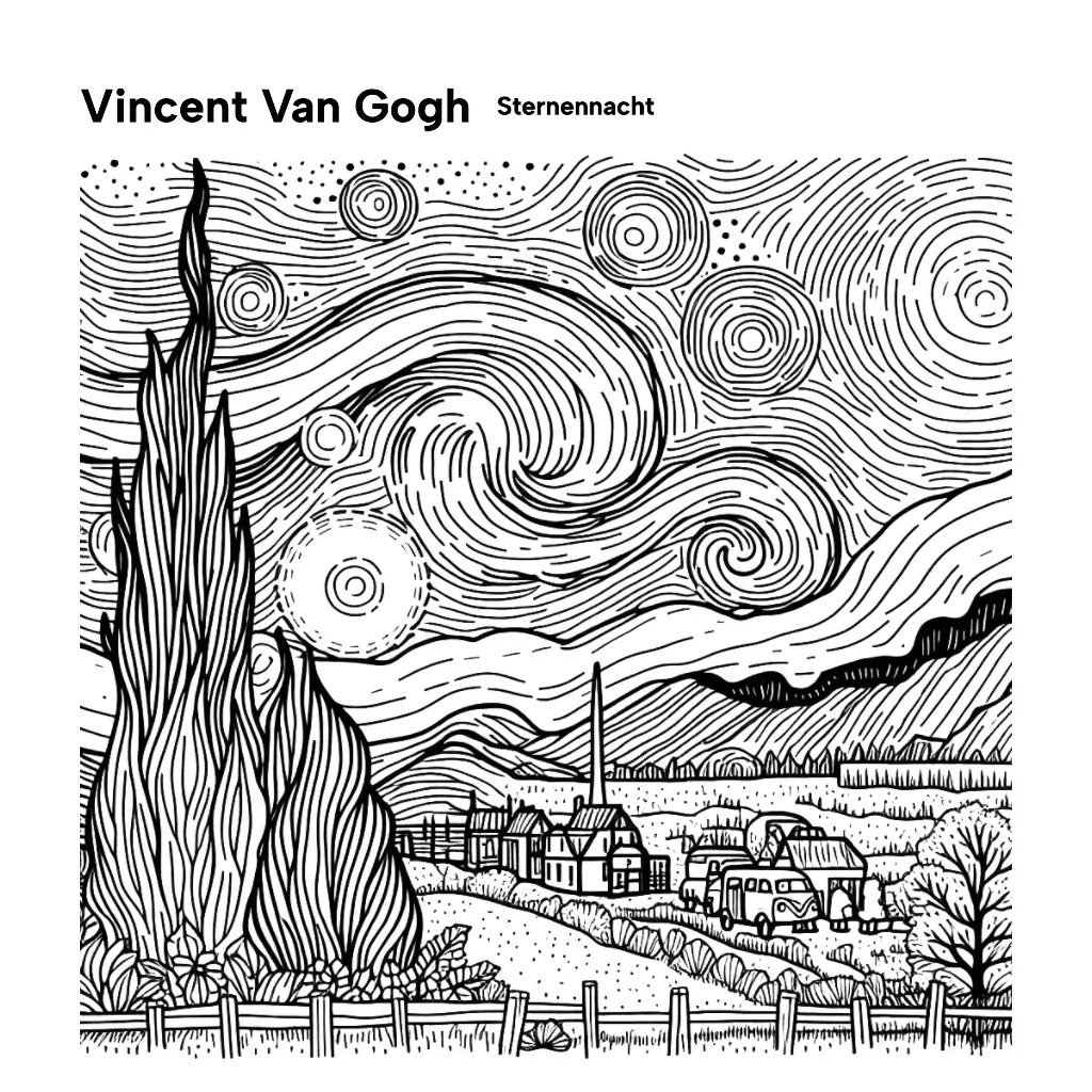 Van Gogh Sternennacht Ausmalbild - Kostenloses Berühmte Gemälde Ausmalbild für Kinder zum Ausdrucken