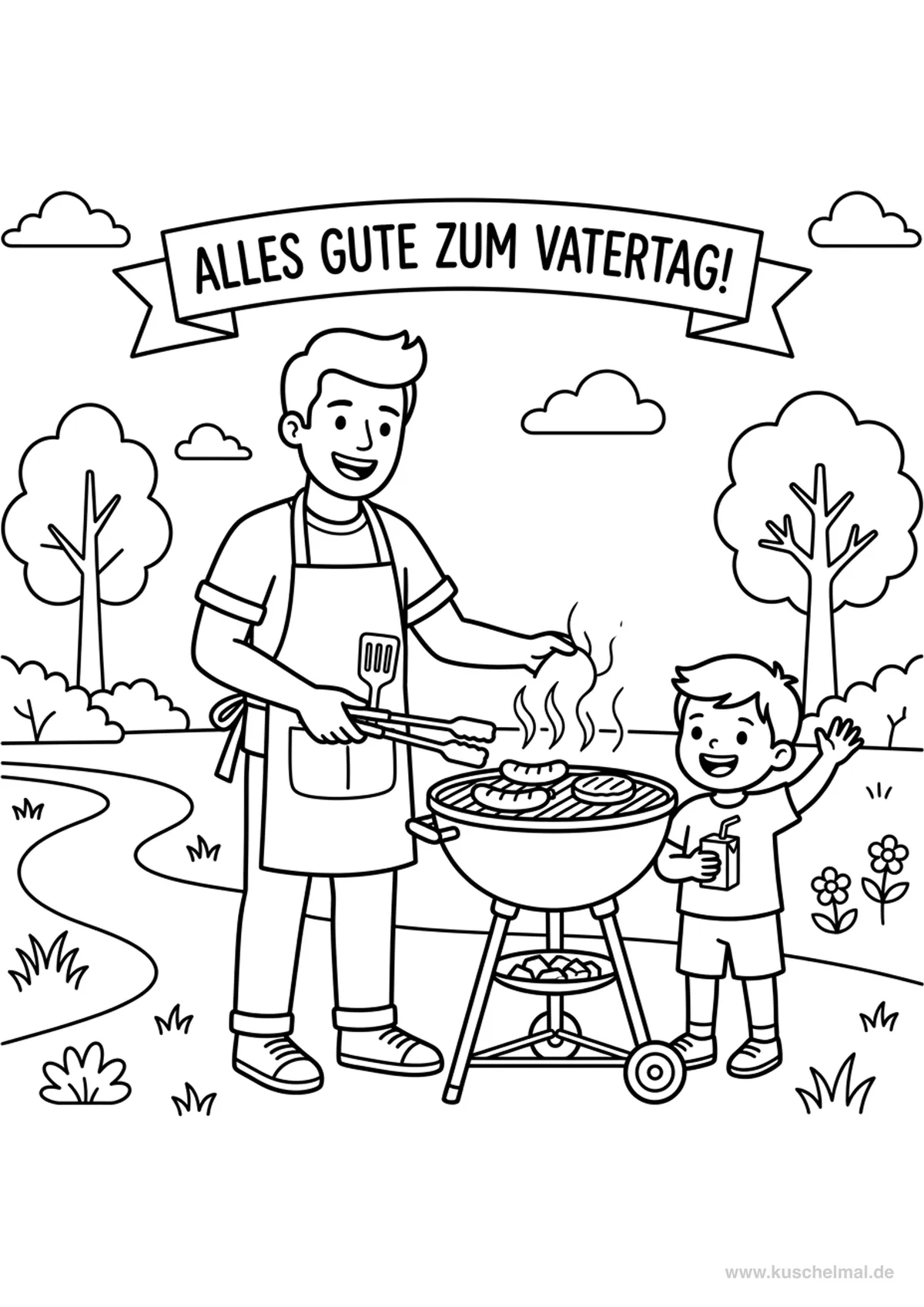 Vatertag Grillen mit Papa Ausmalbild - Kostenloses Vatertag Ausmalbild für Kinder zum Ausdrucken