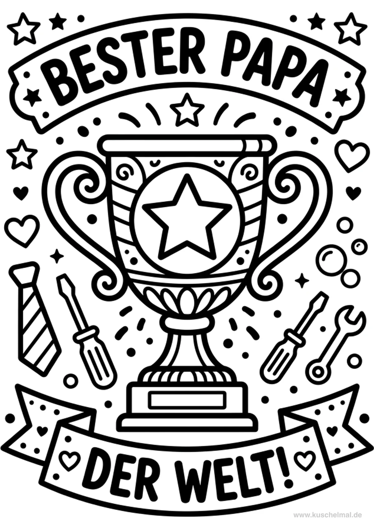 Vatertagskarte Bester Papa mit Pokal - Kostenloses Vatertag Ausmalbild für Kinder zum Ausdrucken