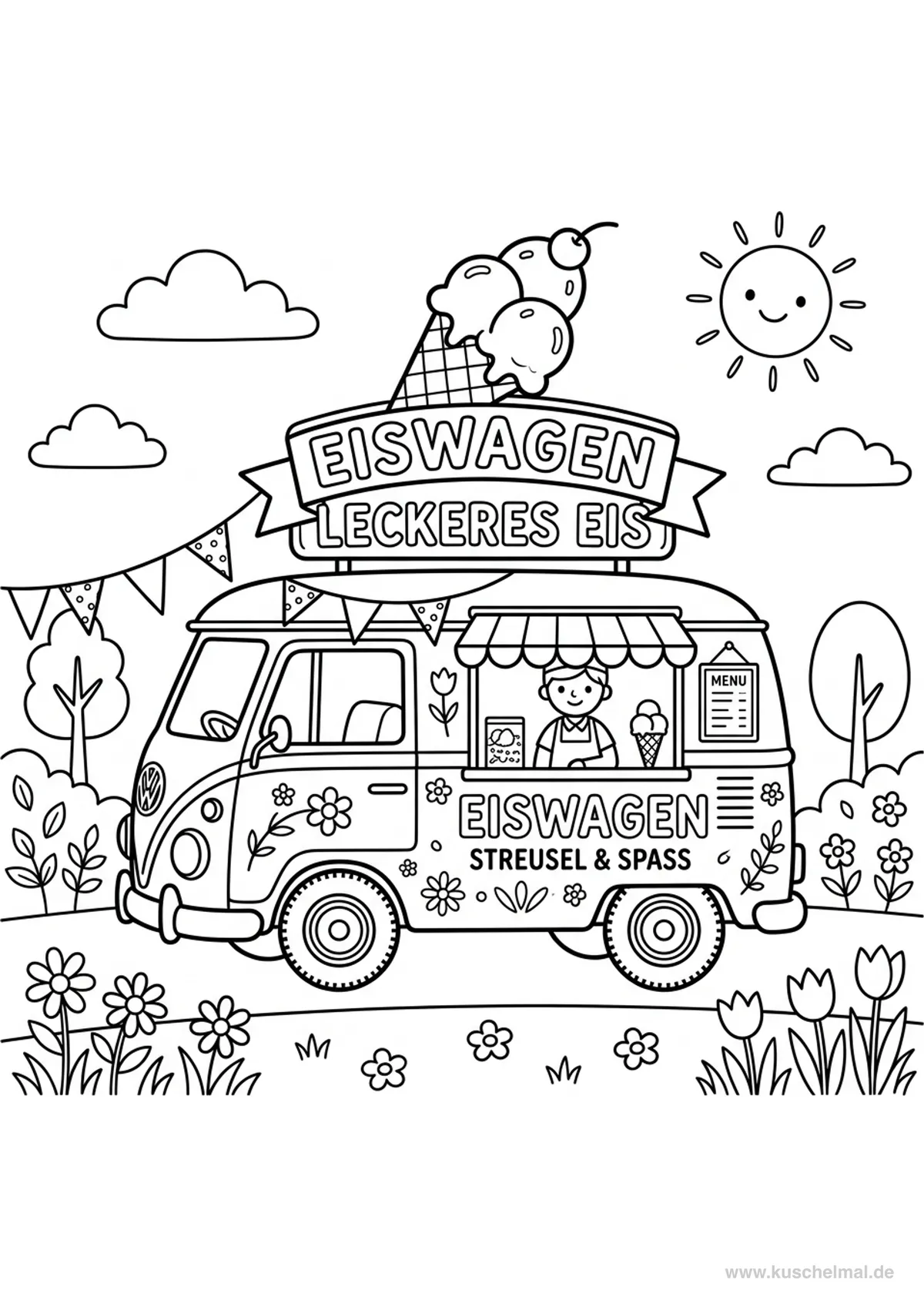 Furgoncino dei Gelati Vintage - Disegno di Gelato da colorare gratis per bambini da stampare