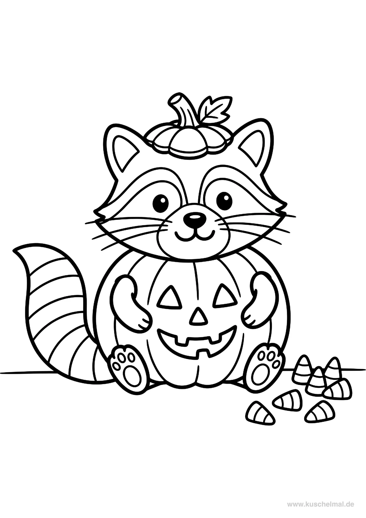 Waschbär im Kürbis-Kostüm - Kostenloses Halloween Ausmalbild für Kinder zum Ausdrucken