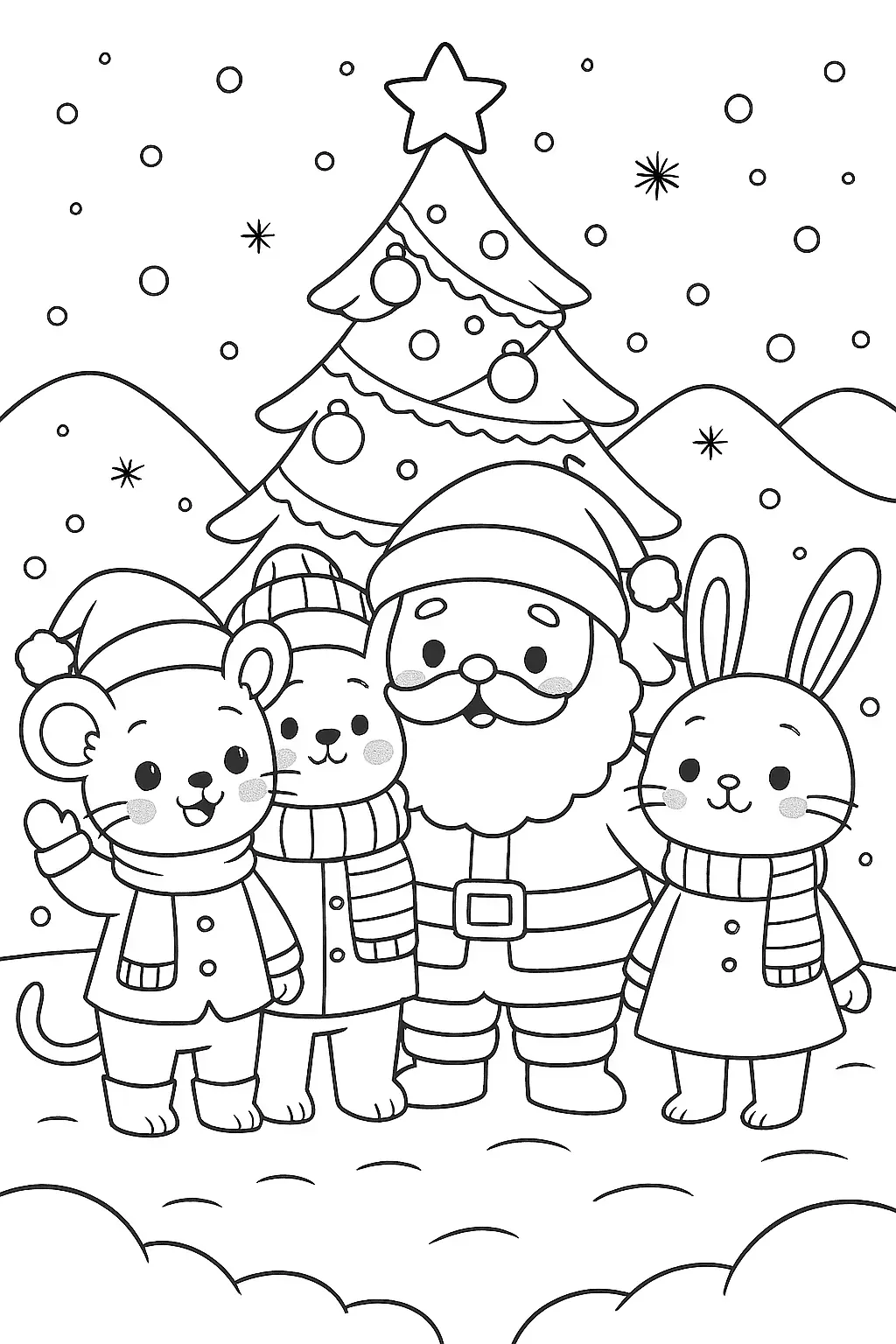 Weihnachten Ausmalbild mit süßen Charakteren - Kostenloses Weihnachtsmann Ausmalbild für Kinder zum Ausdrucken