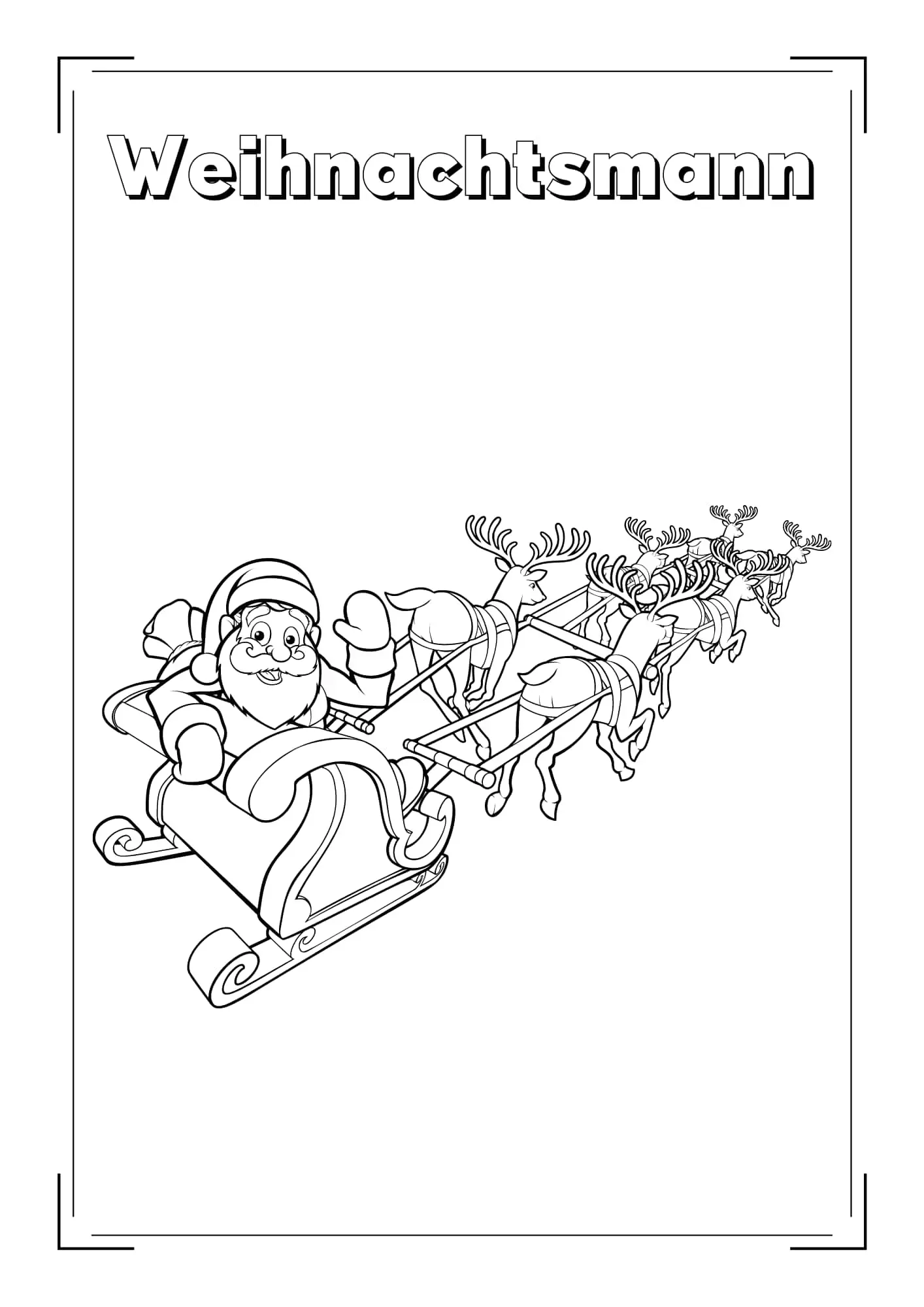 Weihnachtsmann mit Schlitten - Kostenloses Weihnachten Ausmalbild für Kinder zum Ausdrucken