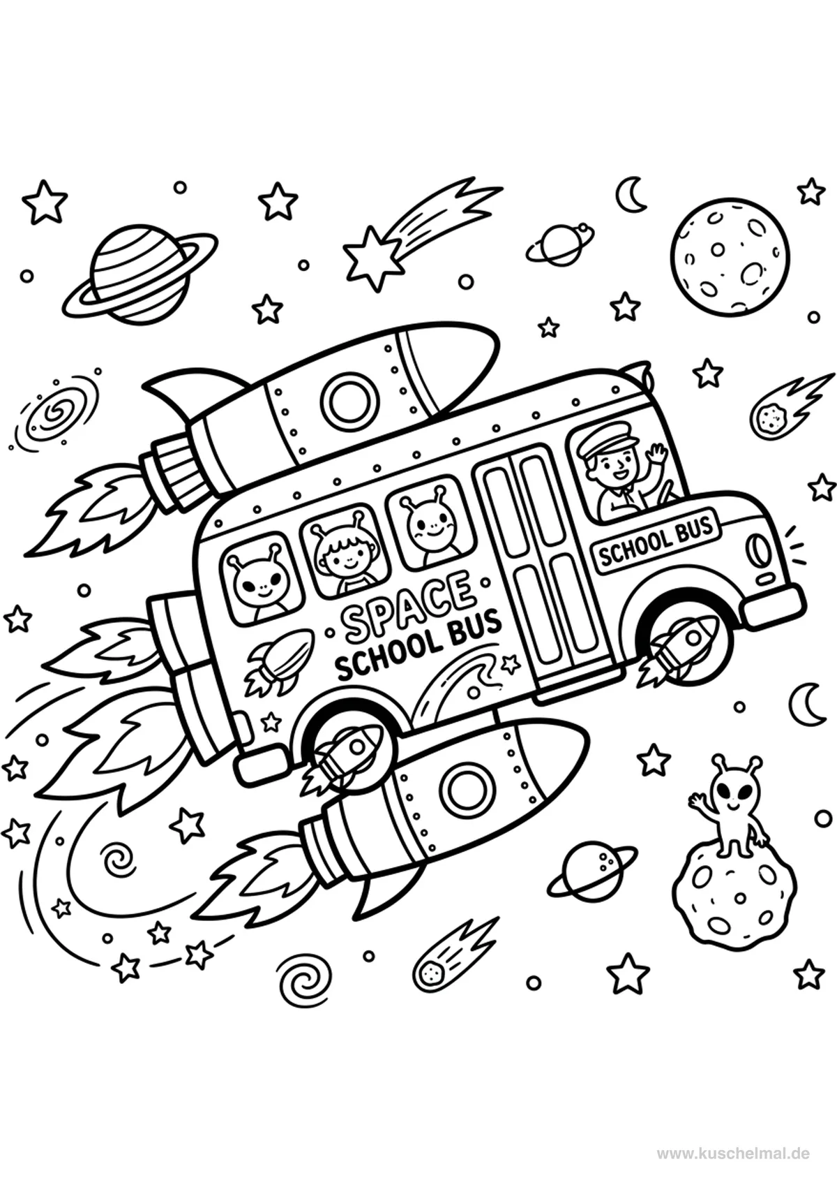 Weltraum Raketen-Schulbus - Kostenloses Weltraum Ausmalbilder Ausmalbild für Kinder zum Ausdrucken