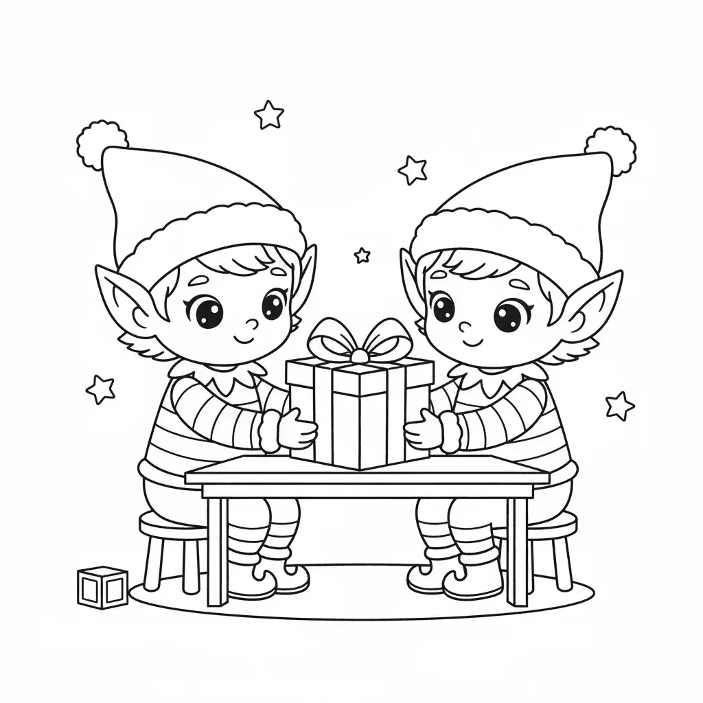 Weihnachtswichtel beim Geschenke Einpacken Malbild - Kostenloses Wichtel Ausmalbild für Kinder zum Ausdrucken