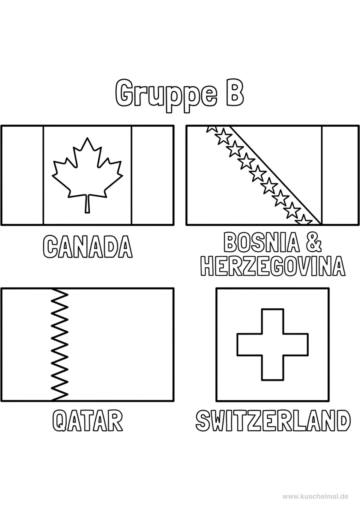 WM 2026 Gruppe B Flaggen zum Ausmalen - Kostenloses WM 2026 Ausmalbild für Kinder zum Ausdrucken