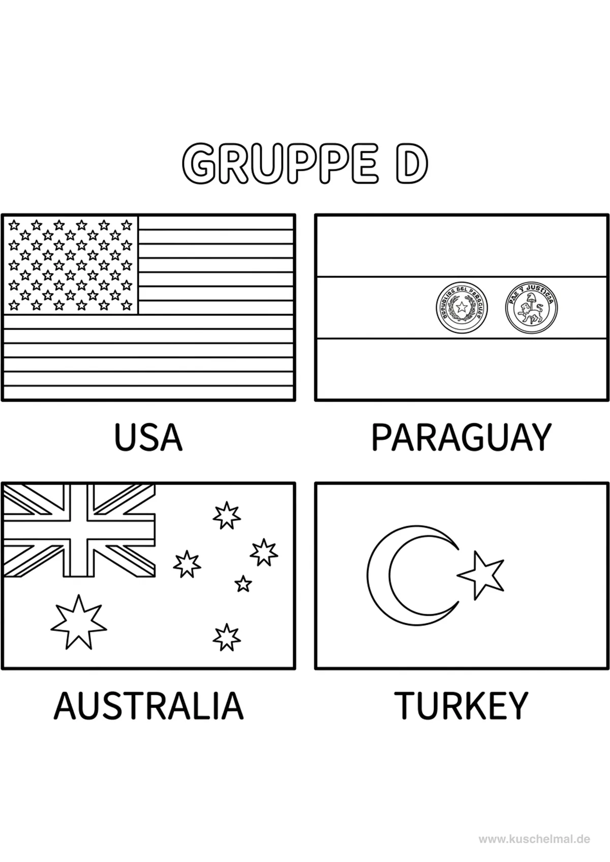 WM 2026 Gruppe D Flaggen zum Ausmalen - Kostenloses WM 2026 Ausmalbild für Kinder zum Ausdrucken
