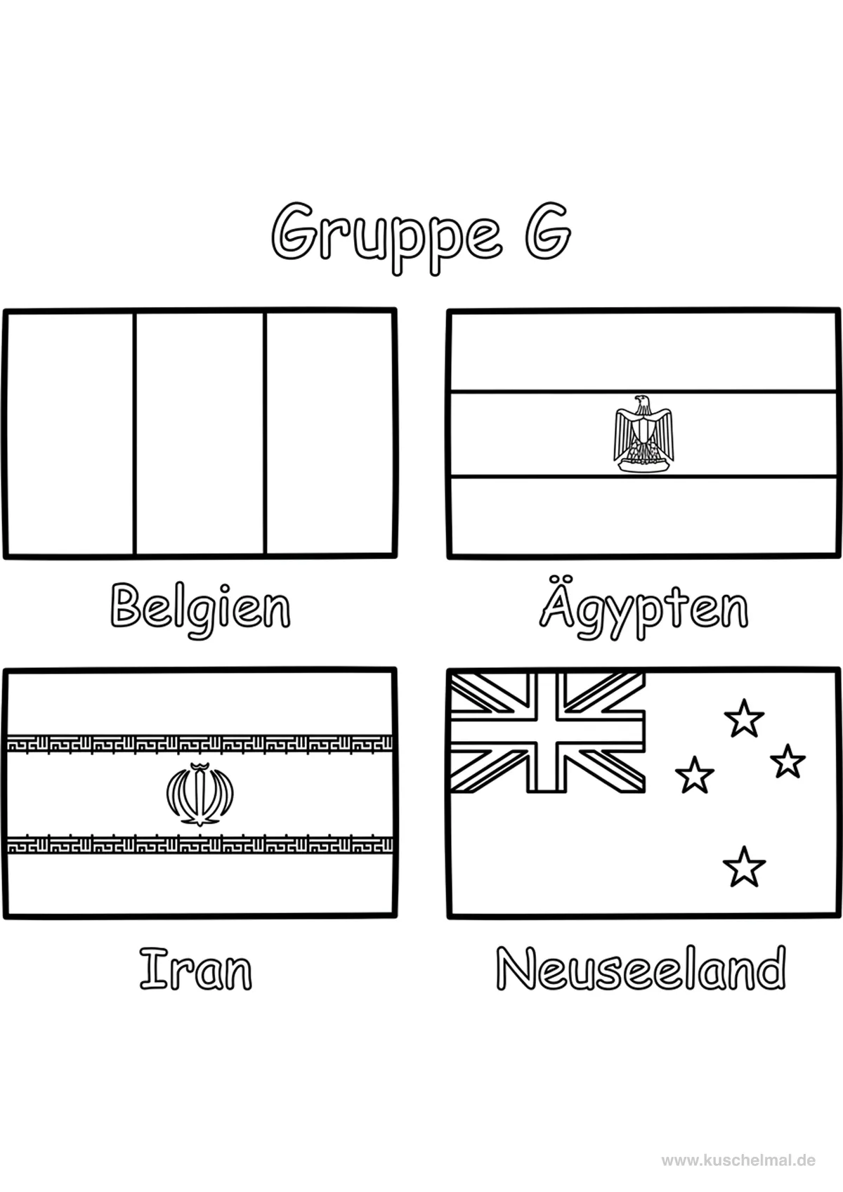 WM 2026 Gruppe G Flaggen zum Ausmalen - Kostenloses WM 2026 Ausmalbild für Kinder zum Ausdrucken