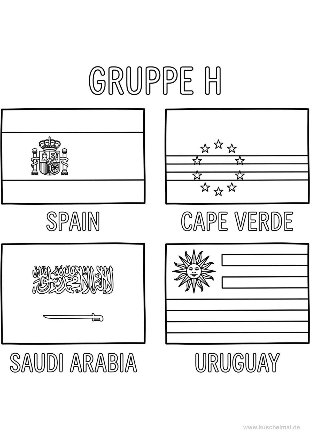 WM 2026 Gruppe H Flaggen zum Ausmalen - Kostenloses WM 2026 Ausmalbild für Kinder zum Ausdrucken