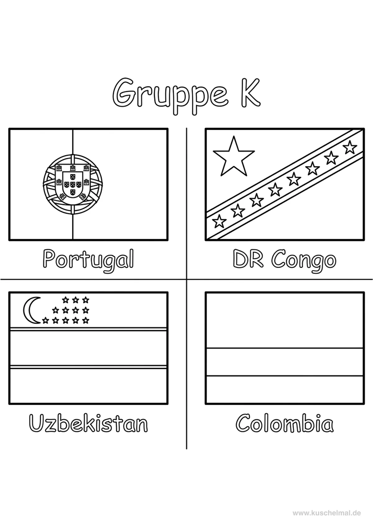 WM 2026 Gruppe K Flaggen zum Ausmalen - Kostenloses WM 2026 Ausmalbild für Kinder zum Ausdrucken