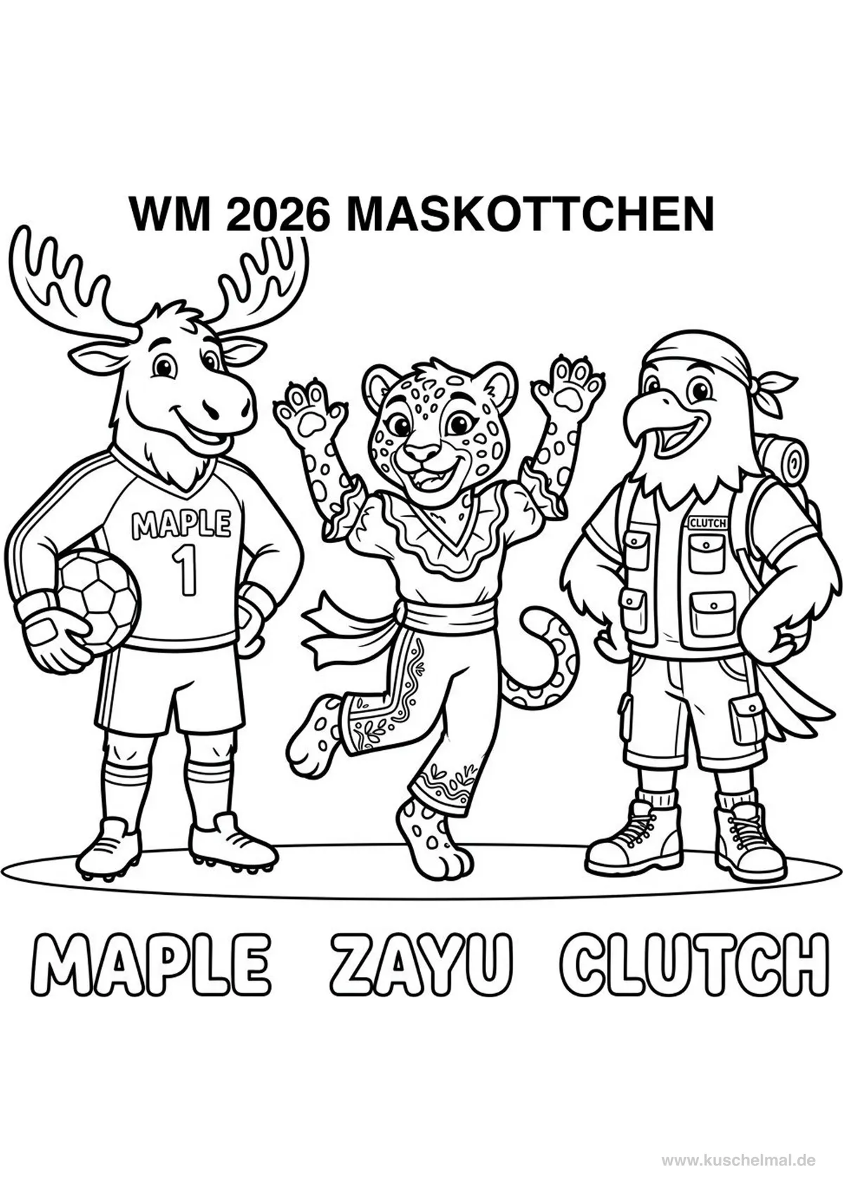 WM 2026 Maskottchen Maple Zayu und Clutch - Kostenloses WM 2026 Ausmalbild für Kinder zum Ausdrucken