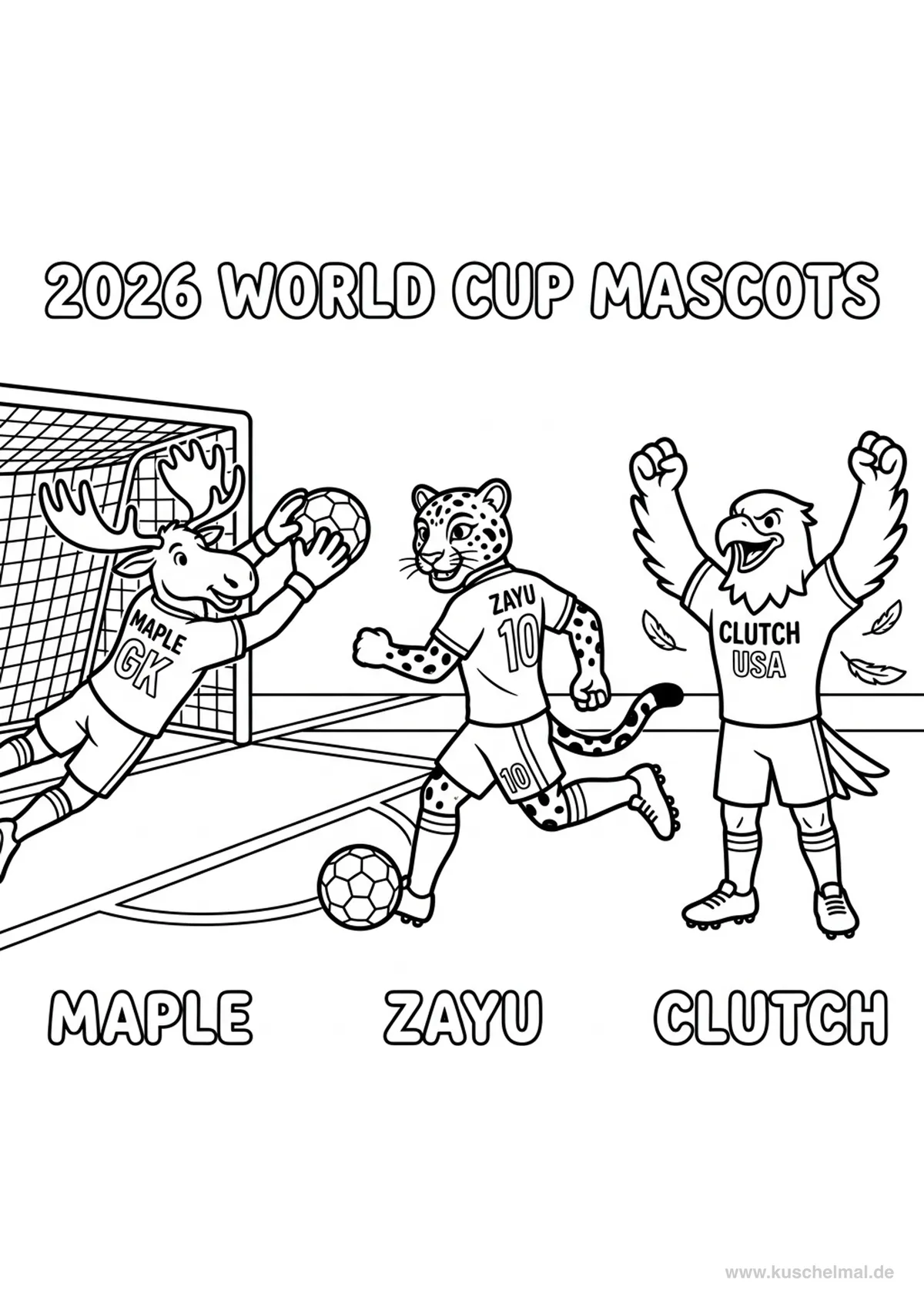 WM 2026 Maskottchen spielen Fussball - Kostenloses WM 2026 Ausmalbild für Kinder zum Ausdrucken