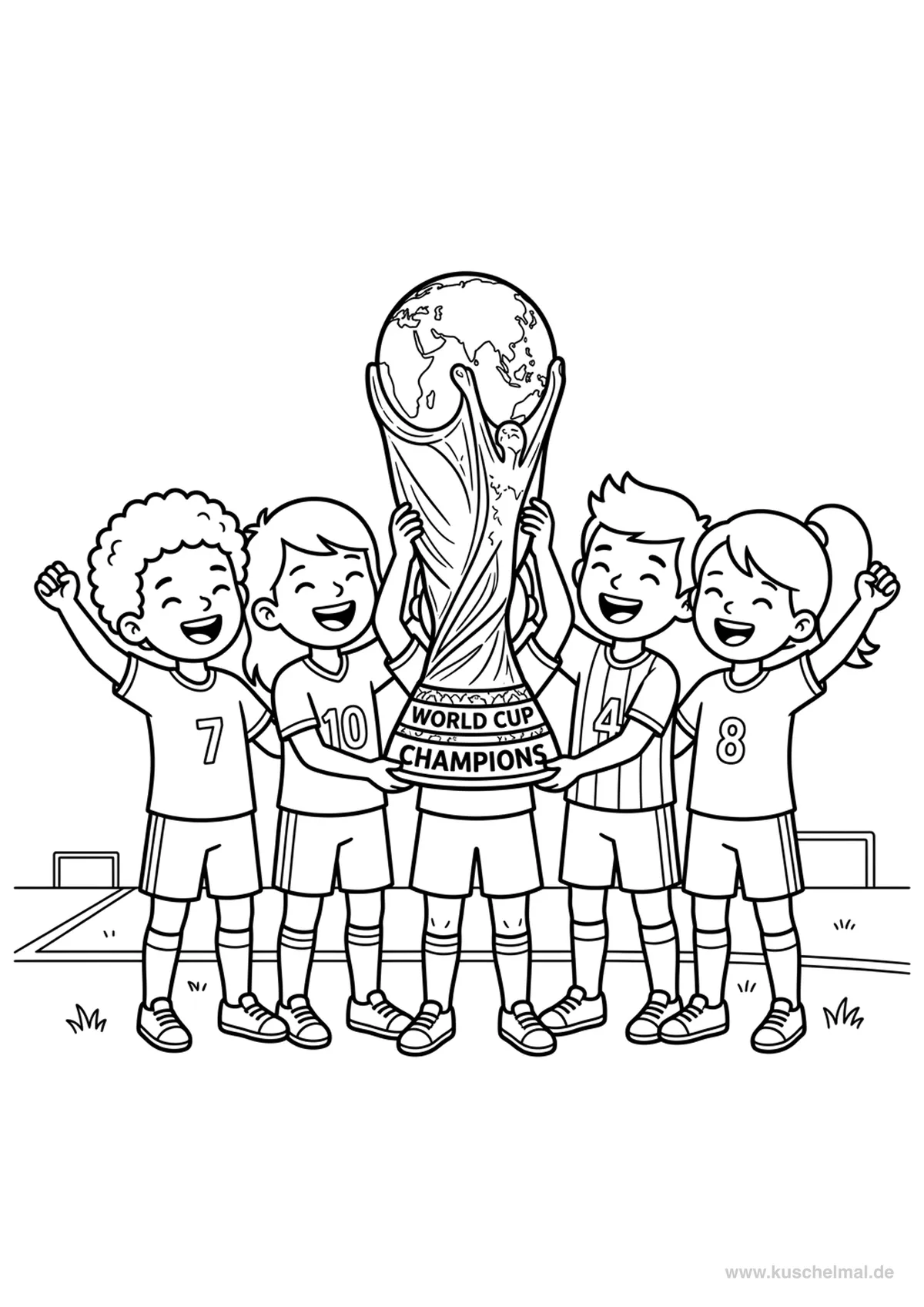 WM 2026 Pokal mit Kindern Ausmalbild - Kostenloses WM 2026 Ausmalbild für Kinder zum Ausdrucken