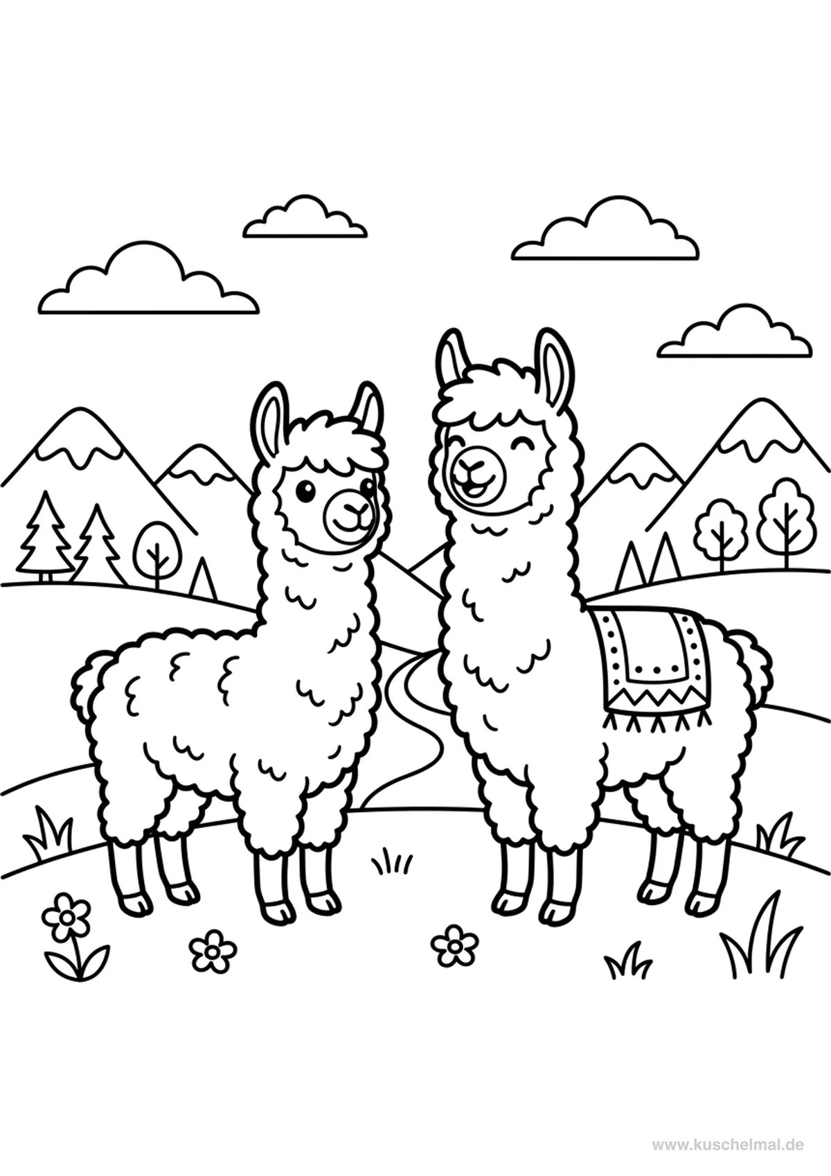 Due Alpaca davanti alle Montagne - Disegno di Alpaca da colorare gratis per bambini da stampare