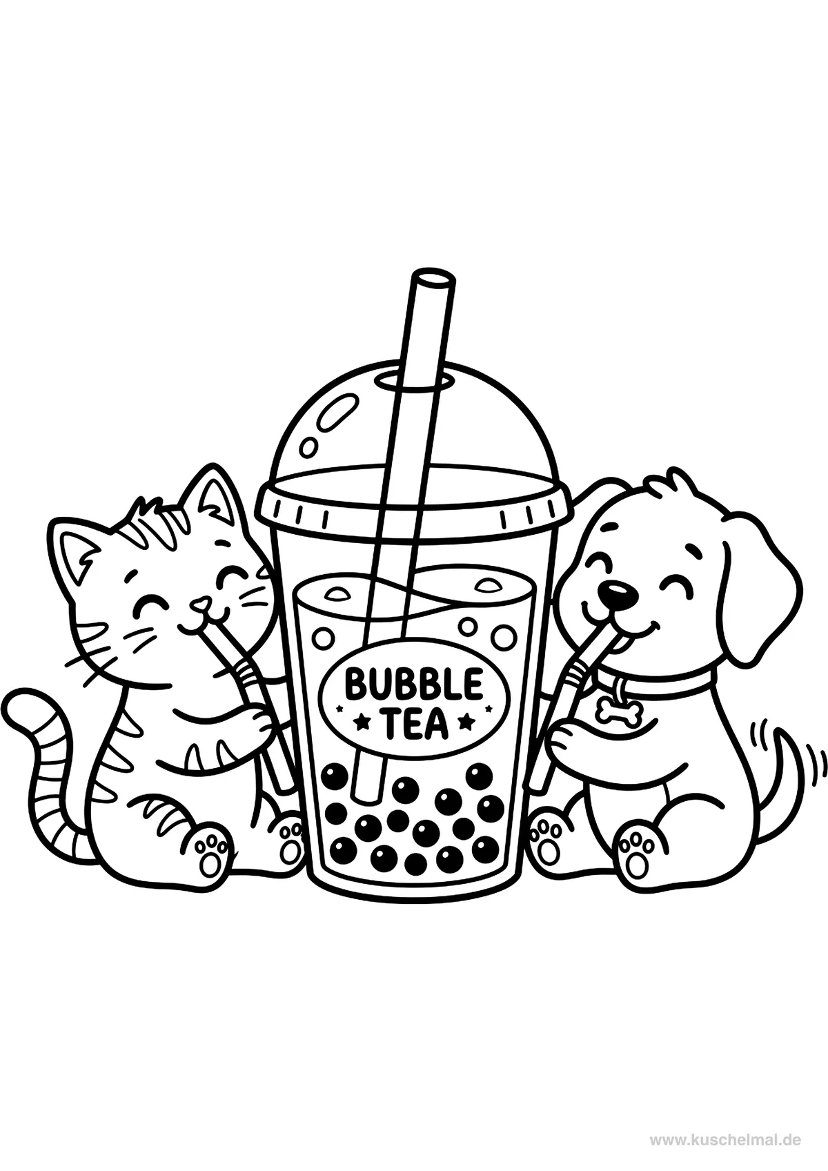 Zwei Tierfreunde teilen Bubble Tea - Kostenloses Bubble Tea Ausmalbild für Kinder zum Ausdrucken